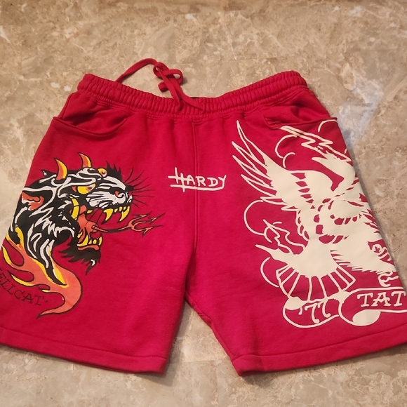 Ed Hardy Tatoo Red Graphic Athletic Shorts - Picture 1 of 5